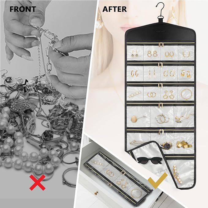 CHICECO Hanging Jewelry Organizer With Zippered Pockets,40 Pockets Travel Jewelry Organizer Storage for Cloest,Wall,Door