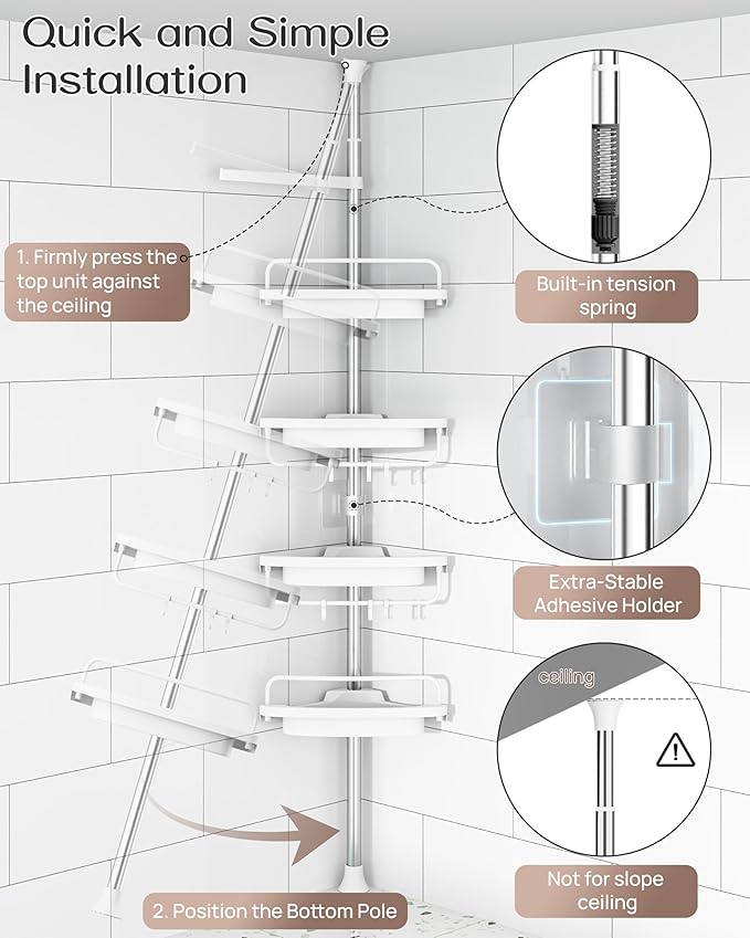 ALLZONE Corner Shower Caddy Tension Pole, Extendable Rustproof Stainless Steel Pole & 4-Tier Adjustable Shelves for Easy Drainage and Built-to-Last Stability, 34 to 116 Inches, White