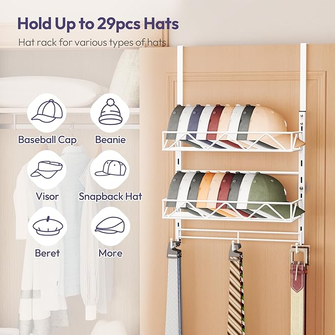 SWTYMIKI Over Door Hat Organizer - 3 Tier Wall Mounted Hat Rack with 2 Adjustable Metal Basket and 3 Hooks, Hanging Baseball Cap Organizer Storage Holds up to 29 Caps for Door, Bedroom, Closet