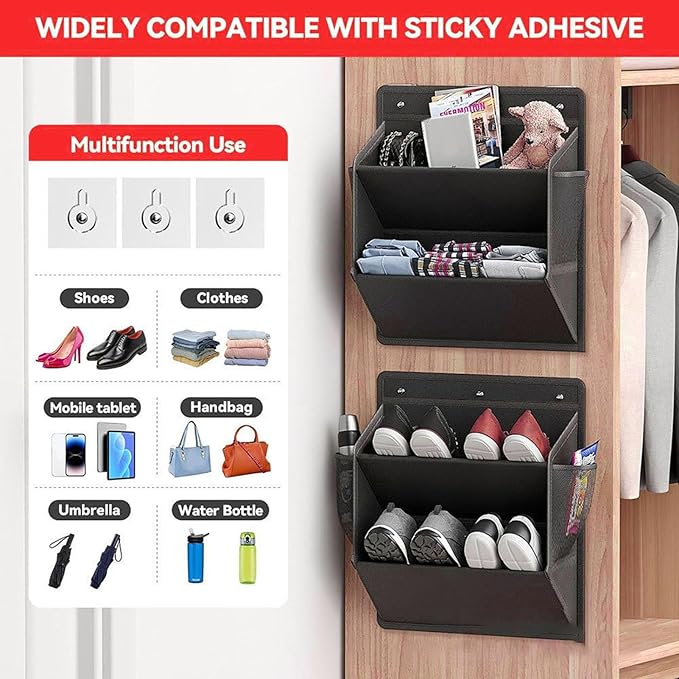 Wall Mounted Shoes Rack, Space Saving Wall Hanging Shoe Organizer, 2 Tier Shoes Holder Storage Organizer with Adhesive Hooks, for RV Campers Kitchen Office (Black)