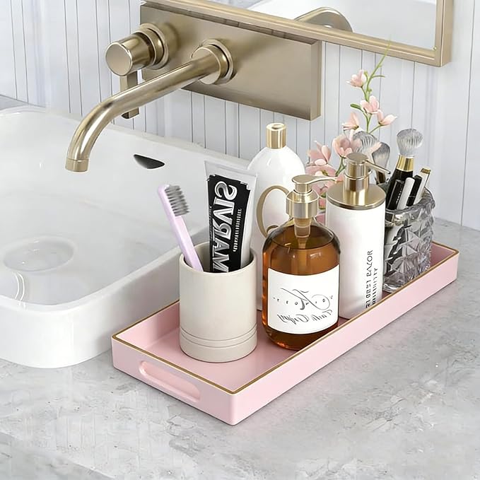 Pink Bathroom Counter Tray - Small Plastic Vanity Tray Bathroom Tray for Countertop,Multi-Purpose Bathroom Tray Countertop Organizer for Makeup,Perfumes,Jewelry,Candles,Waterproof and Easy to Clean