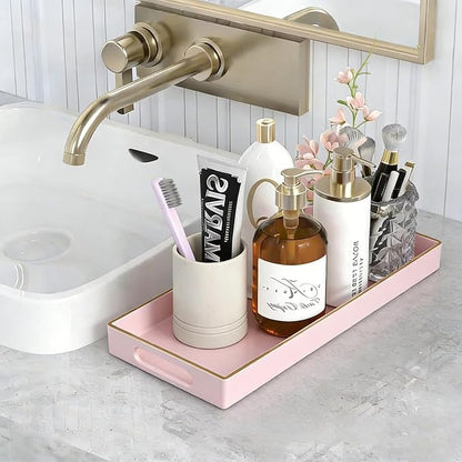 Pink Bathroom Counter Tray - Small Plastic Vanity Tray Bathroom Tray for Countertop,Multi-Purpose Bathroom Tray Countertop Organizer for Makeup,Perfumes,Jewelry,Candles,Waterproof and Easy to Clean