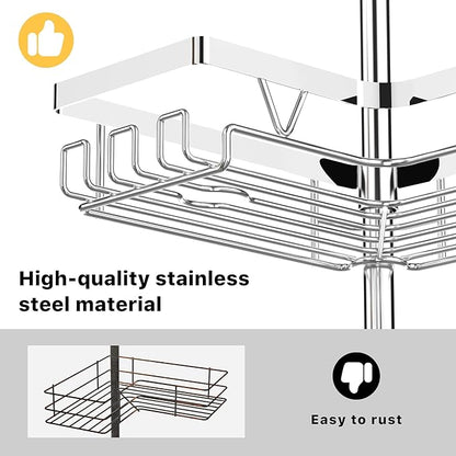 KEGII Corner Shower Caddy Tension Pole - Chrome 4-Tier Adjustable Shower Tension Rod Organizer with Hooks & Soap Holders, 25-114.2 Inch Stainless Steel Shower Storage Rack for Renters & Family