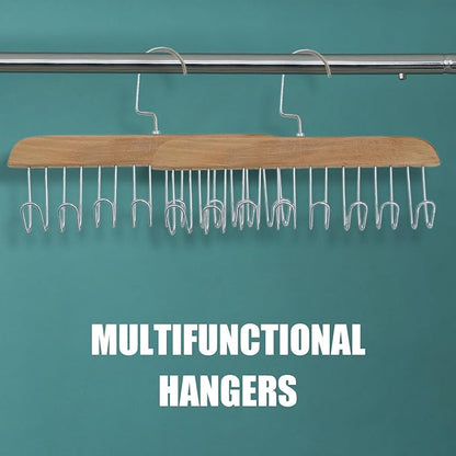 4 Wooden Belt Holder - Multifunctional Wooden Belt Hanger with 8 Metal Hooks - Wood Tie Scarf Rack Holder Hangers Organizer | for Hanging Belts,Tie,Scarves,neckties