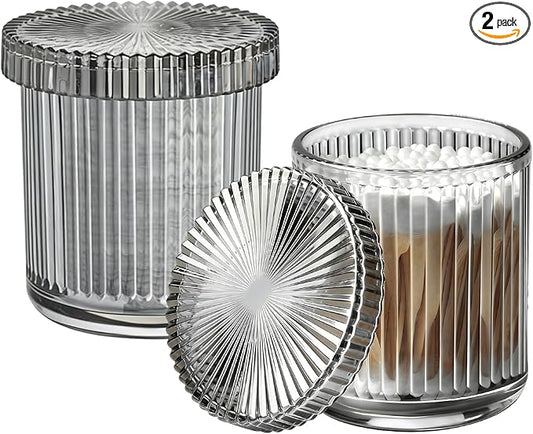 2 Pack Ribbed Glass Qtip Holder with Lid, Apothecary Storage Jars, Bathroom Vanity Countertop Organizer for Cotton Swabs, Cotton Balls, Pads, Floss Picks, Hair Ties, Makeup Accessories (Gray)