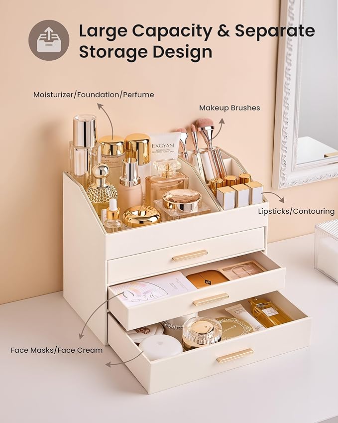 Lolalet PU Leather Makeup Organizer for Vanity Desk, 4-Layer Luxury Make Up Storage Cosmetics Holder Box with Drawers -Cream