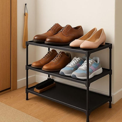 3-Tier Stackable Shoe Rack Organizer - Heavy Duty Metal & Fabric Shoe Shelf for Closet, Entryway, and Mudroom - Space Saving Shoe Storage Bench for Sneakers & Boots