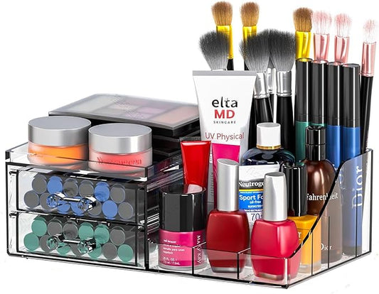 Acrylic Small Makeup Organizer with Drawers,Clear Skincare Organizer for Vanity,Dresser,Bathroom Countertop,Cute Cosmetic Organizer for Lip Gloss,Makeup Brush,Beauty,Skin Care and Cosmetic Storage