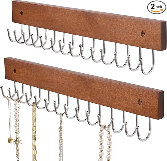 SCUNDA Hanging Jewerly Organizer for Wall, Wall Mounted Necklace Holder, Wood Wall Mount Jewerly Organizer for Earrings Bar, Hanging Rings, Necklaces and Bracelet, Nice Gift for Woman (2pack,Brown)