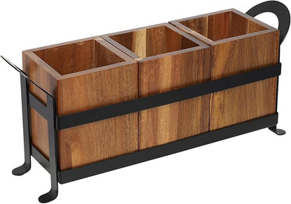 Wood Flatware Caddy Organizer with Handle, 3 Compartments Silverware Holder, Rustic Countertop Utensil Cutlery Holder for Hotel Kitchen Banquet Restaurant Bar