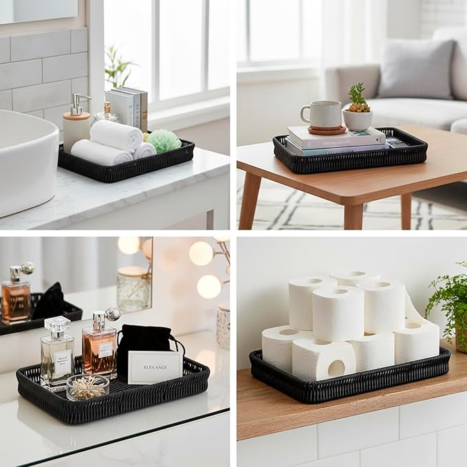 Toilet Tank Tray Storage Basket, Metal Woven Bathroom Basket Decorative Tray for Toilet Paper Storage, Wicker Vanity Organizer Bin with Non-Slip Feet for Bathroom Counter or Back of Toilet-Black