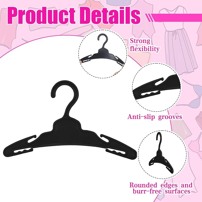 Soulchen 50 Pcs Doll Clothes Hangers for 18 Inch Dolls, Black Plastic Clothes Hangers with Non-Slip Clips, Space-Saving Wardrobe Accessories for Gown Dress Outfit