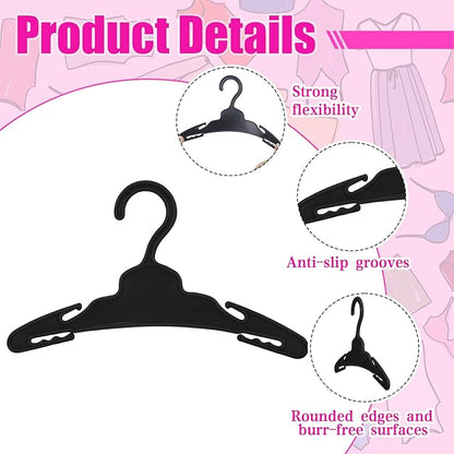 Soulchen 50 Pcs Doll Clothes Hangers for 18 Inch Dolls, Black Plastic Clothes Hangers with Non-Slip Clips, Space-Saving Wardrobe Accessories for Gown Dress Outfit
