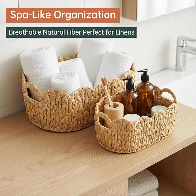 Coeusy Scalloped Basket Set of 2,Water Hyacinth Basket for Organizing and Decor,Hand-Woven Wicker Storage Baskets with Built-In Handles for Nursery,Gift,Laundry