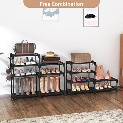 ROJASOP Shoe Rack Organizer, 8-Tier Metal Shoe Rack for Closet Entryway Garage, 26-32 Pairs Tall Shoe Boot Storage Shelf with 15 Hooks, Stackable Large Shoe Stand