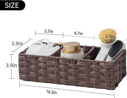 Toilet Tank Topper Paper Basket Multiuse Hand Woven Plastic Wicker Basket Bins with Divider for Shelves Rustic Farmhouse Bathroom Decor Countertop Organizer Storage