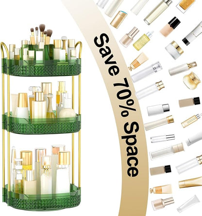 Rotating Makeup Organizer for Vanity 3 Tier, Perfume Organizer with Makeup Brush Holder, Large Capacity Cosmetics Clear Skincare Organizer for Countertop (Green)