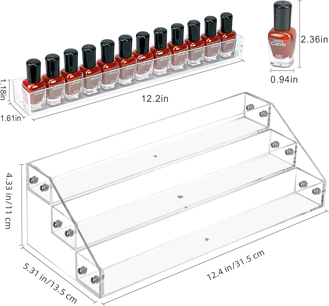 BTremary 3 Packs Clear Nail Polish Organizer Holder Shelf Rack, Acrylic Display Stand For Sunglasses Paint Essential Oils, Makeup Holder, Nail Poliahes Storage to 36 Bottles (Fit 1-2oz Bottles)