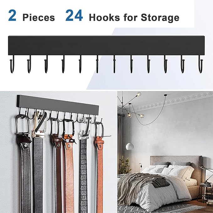 Belt Hanger Wall Mount 2 Pack, Wooden Closet Belt Organizer with 24 Swivel Metal Hooks, Adhesive or Drill Installation, Space Saving Rack for Belts, Ties, Scarves, Camisoles, Tank Tops, Black