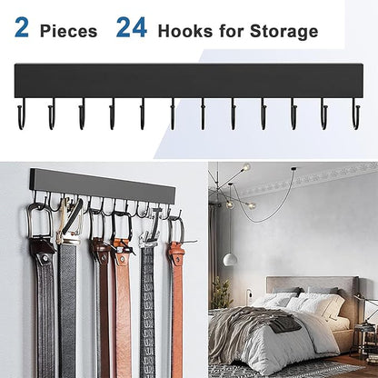 Belt Hanger Wall Mount 2 Pack, Wooden Closet Belt Organizer with 24 Swivel Metal Hooks, Adhesive or Drill Installation, Space Saving Rack for Belts, Ties, Scarves, Camisoles, Tank Tops, Black
