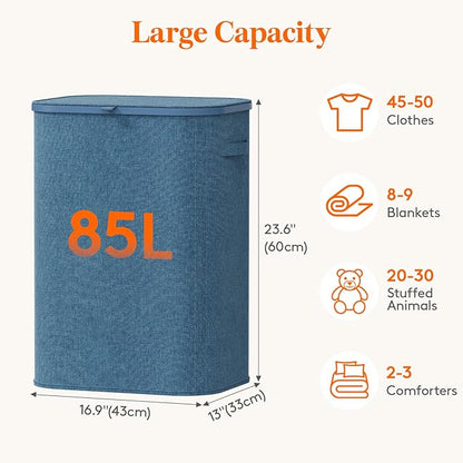 Lifewit 85L Large Laundry Basket with Lid, Laundry Hamper with Plastic Handles and Removable Bag, Foldable Tall Dirty Clothes Hampers for Laundry for Laundry Room, Bedroom, Bathroom, Dorm, Dark Blue