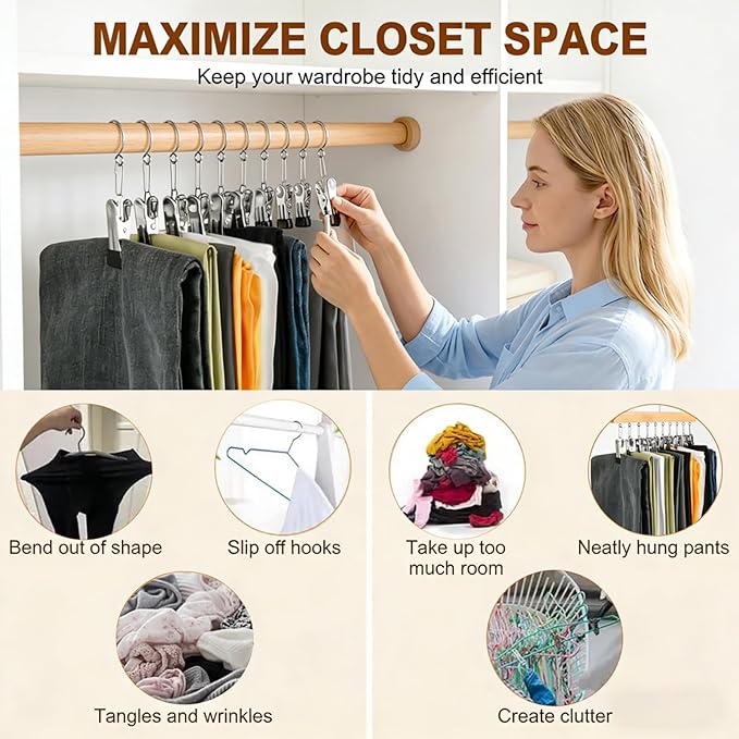 Closet Organizer with 10 Clips, Space Saving Hanging Closet Organizers Adjustable Wooden Legging Organizer for Closet, Stainless Steel Pants Hanger with Clips for Women Men (Brown, 1pcs)