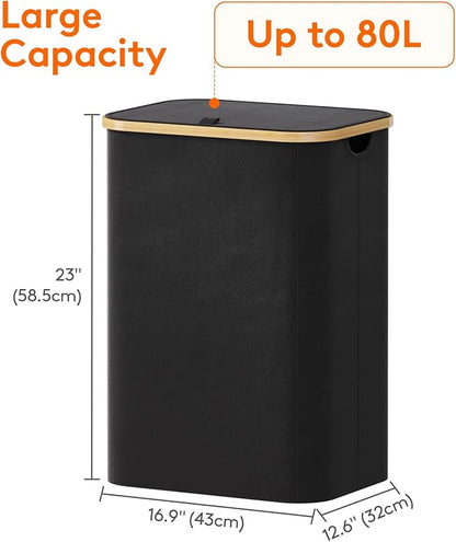 Lifewit 80L Laundry Basket with Lid, Clothes Hampers for Laundry with Bamboo Handles and 1 Removable Bag, Large Foldable Laundry Hamper for Bedroom, Bathroom, Dorm, Laundry Room, Black