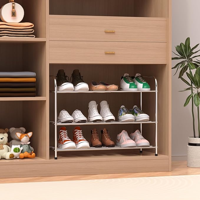 3 Tier Expandable Shoe Rack for Closet, Stainless Steel Shoe Shelf, Strong Weight Capacity Shoes Organizer, Easy to Install and Saving Space Standing Shelf with Sturdy Frame(3 Tier)