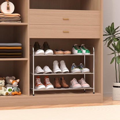 3 Tier Expandable Shoe Rack for Closet, Stainless Steel Shoe Shelf, Strong Weight Capacity Shoes Organizer, Easy to Install and Saving Space Standing Shelf with Sturdy Frame(3 Tier)