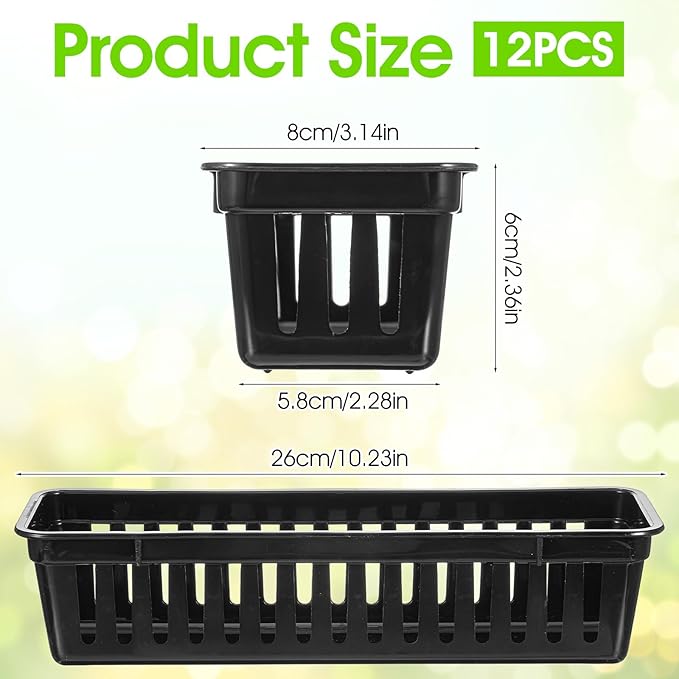 12 Pack Black Slim Plastic Storage Baskets for Organizing, 10.24 x 3.15 x 2.36 Inch Stackable Small Narrow Pencil Baskets, Drawer Storage Tray Holder for School Classroom Home Office Desk Cabinet