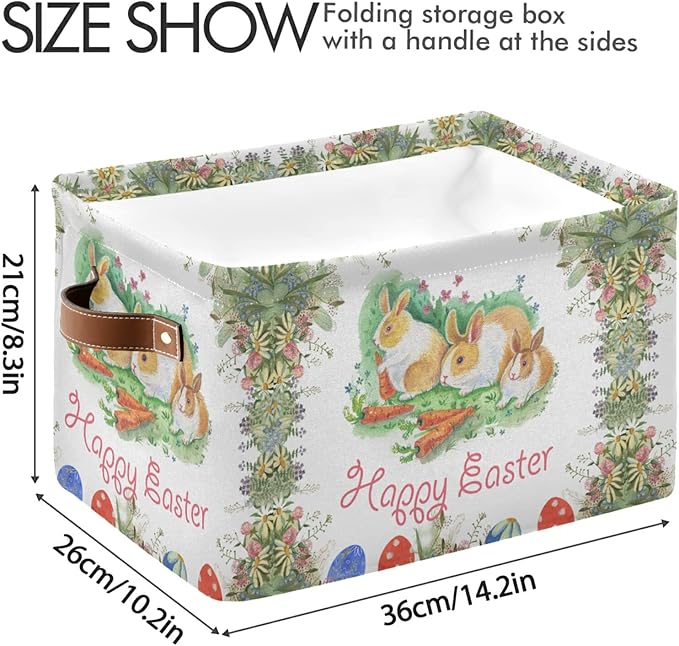 Large Storage Basket Happy Easter Bunny Rabbit Egg Floral Foldable Storage Box Organizer Bins with Handles for Bedroom Home Office