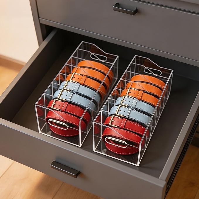 Acrylic Belt Organizer for Closet – 7-Compartment Clear Storage Holder for Belts, Ties, and Bow Ties – Display Case for Shelf or Drawer Organization(Large)
