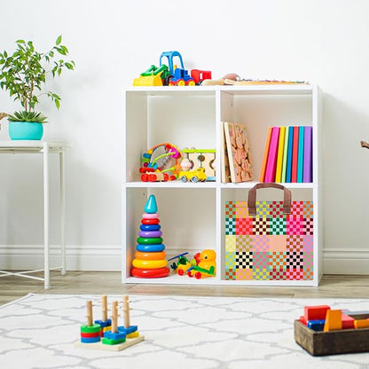 Colorful Checkered Storage Basket Waterproof Canvas Toy Storage Bin Checkered Home Decor Collapsible Outdoor Basket with Leather Handles Blanket Baskets For Closets,Bedrooms,Classroom,Gifts Baskets