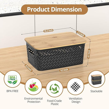 Plastic Storage Bins with Bamboo Lids, Stackable Small Box Baskets for Organizing and Containers for Shelves Drawers Desktop Closet Pantry Classroom Office Home, 6 Pack 10.2x7.2x4.1 Inch, Black