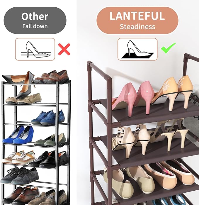 LANTEFUL 10 Tiers Tall Shoe Rack 20-25 Pairs Boots Organizer Storage Sturdy Narrow Shoe Shelf for Entryway, Closets with Hooks, Brown