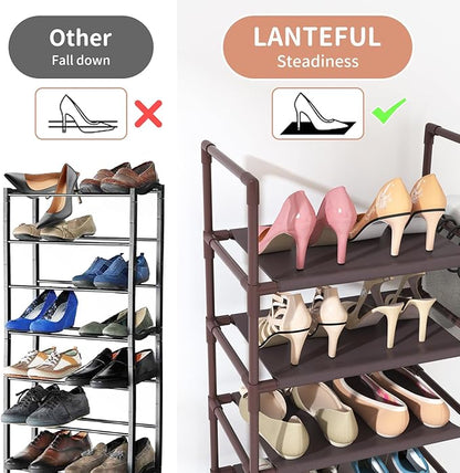 LANTEFUL 10 Tiers Tall Shoe Rack 20-25 Pairs Boots Organizer Storage Sturdy Narrow Shoe Shelf for Entryway, Closets with Hooks, Brown