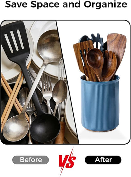 LoeJan Utensil Holder, Extra Large Utensil Crock, Stable Ceramic Utensil Organizer, Cooking Tool Organizer Set for Kitchen Counter Farmhouse Décor, Blue