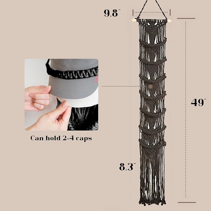 jontell Ball Cap Holder-1 Pack/Up to 14 Caps-Hat Organizer for Baseball Caps Display, Macrame Hat Rack for Wall, Boho Handmade Cap Hanger Over Door (Black)