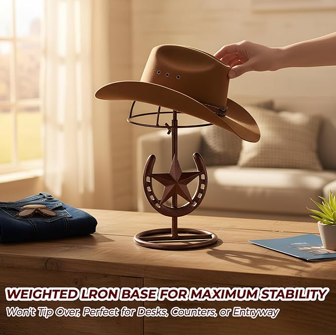 2 Pack Cowboy Hat Rack Stand Cowboy Hat Display Holder with Western Horseshoe Decor Vintage Gifts for Fedoras, Sun Hats, Iron & Bronze, Equestrian Supply(Classic)