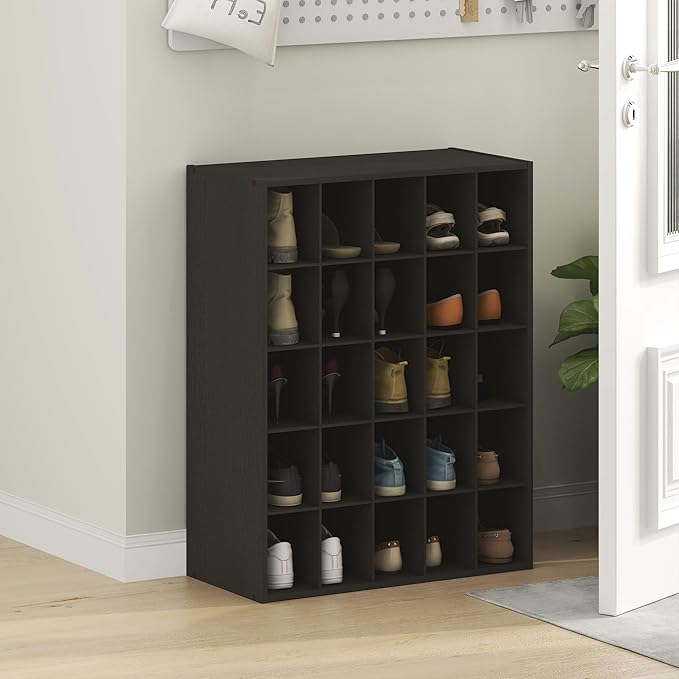 Furinno FANO Shoe Rack, 25-Cube Shoe Organizer, Stackable Shoe Storage, 11.7 x 24.2 x 31.5, for Closet Entryway, Office, Garage, Black Dark Oak