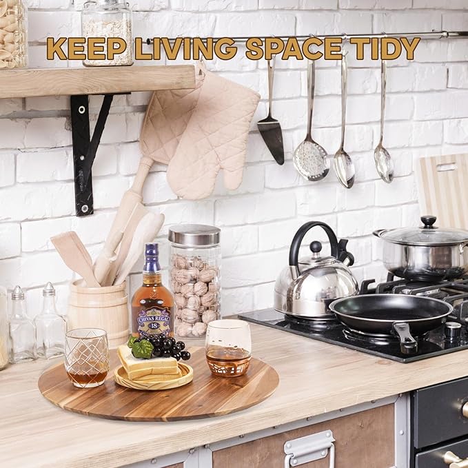 16" Acacia Wood Turntable Organizer | Lazy Susan for Table Top, Cabinet or Pantry | Wooden Rotating Tray for Kitchen Countertop, Durable, Easy to Clean, No Assembly Needed
