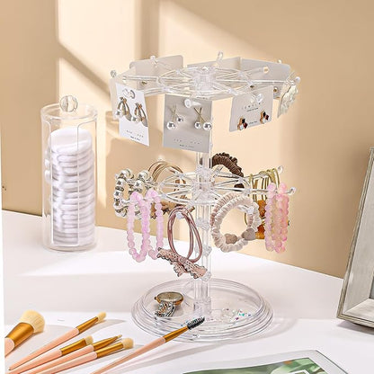 2 Pack Keychain Display Stand Rotating Jewelry 2 Tier Necklace Holder Plastic Spinning Bracelet Hanging Organizer Rotating Rack Earring Bracelet Stands for Vendors Malls Counter Dressing Table