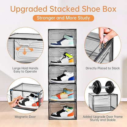 Amllas New Gray 8 Pack Shoe Boxes Stackable, Large Shoe Storage Organizer with Lids,Drop Side Shoe Containers for Entryway,Sneaker Storage Fit up to US Size 13 for Men/Women(13’’x 10.6”x 8.3”)