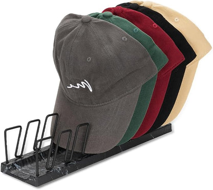 Hat Organizer for Baseball Caps – 7 Cap Holder & Display Stand, Anti-Tip Metal Tabletop Rack for Closet, Bedroom, Vanity, Quick-Install Ball Cap Storage (Black Marble)