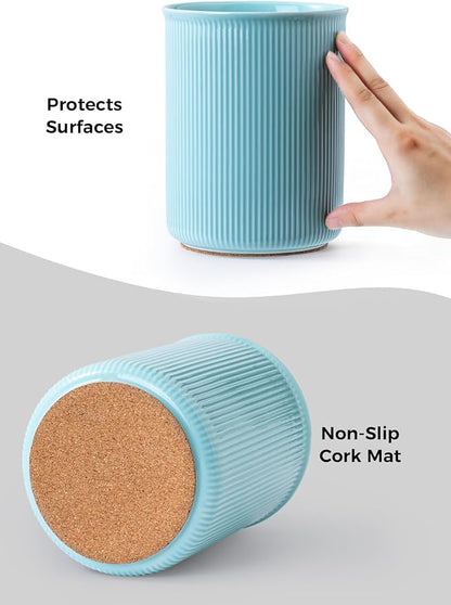 LoeJan Utensil Holder, Extra Large Utensil Crock, Stable Ceramic Utensil Organizer, Cooking Tool Organizer Set for Kitchen Counter Farmhouse Décor, Turquoise
