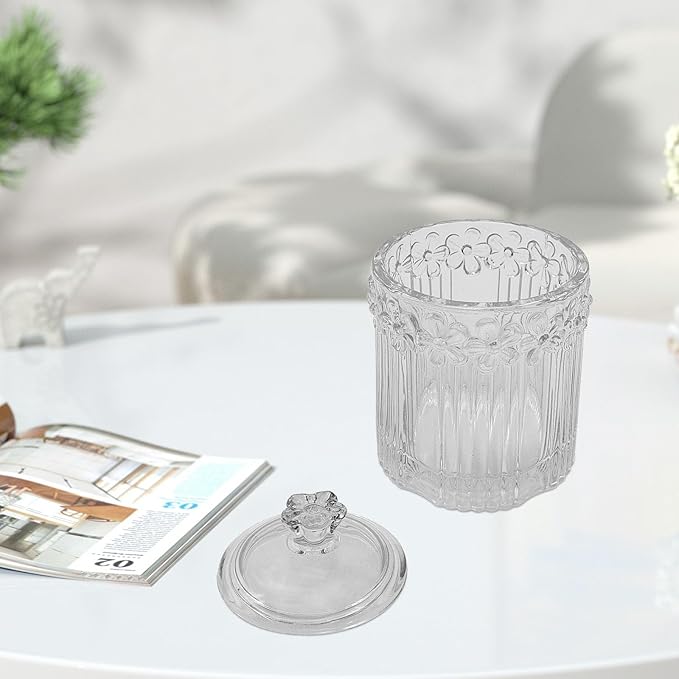 2 Pack Glass Qtip Holder Canisters with Lids , Crystal Clear Apothecary Jars for Cotton Balls, Swabs, Floss, Candy & Makeup Pads , Bathroom Vanity Organizers & Beauty Storage(Clear)