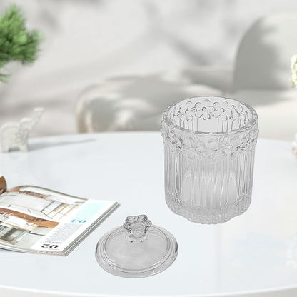 2 Pack Glass Qtip Holder Canisters with Lids , Crystal Clear Apothecary Jars for Cotton Balls, Swabs, Floss, Candy & Makeup Pads , Bathroom Vanity Organizers & Beauty Storage(Clear)