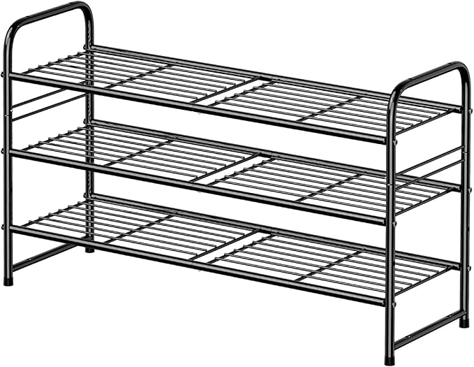 Standard Shoe Rack 3-Tier 32.5 Inches Wide, Free Standing Shoe Organizer for Indoor Outdoor | Adjustable Heavy-Duty Metal Shelf Ideal for Home Entryway Closet & Garage Balcony | Black