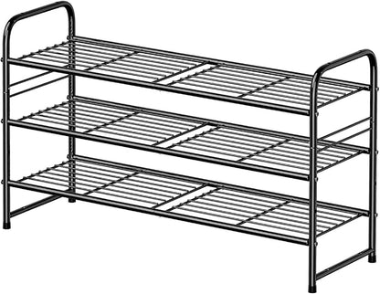 Standard Shoe Rack 3-Tier 32.5 Inches Wide, Free Standing Shoe Organizer for Indoor Outdoor | Adjustable Heavy-Duty Metal Shelf Ideal for Home Entryway Closet & Garage Balcony | Black