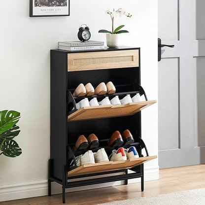 Entryway Shoe Cabinet with 2 Flip Drawers, Slim Freestanding Wooden Shoe Organizer with Linen Front Panels, Space-Saving Closed Shoe Rack for Hallway, Foyer, or Small Apartment(Black)